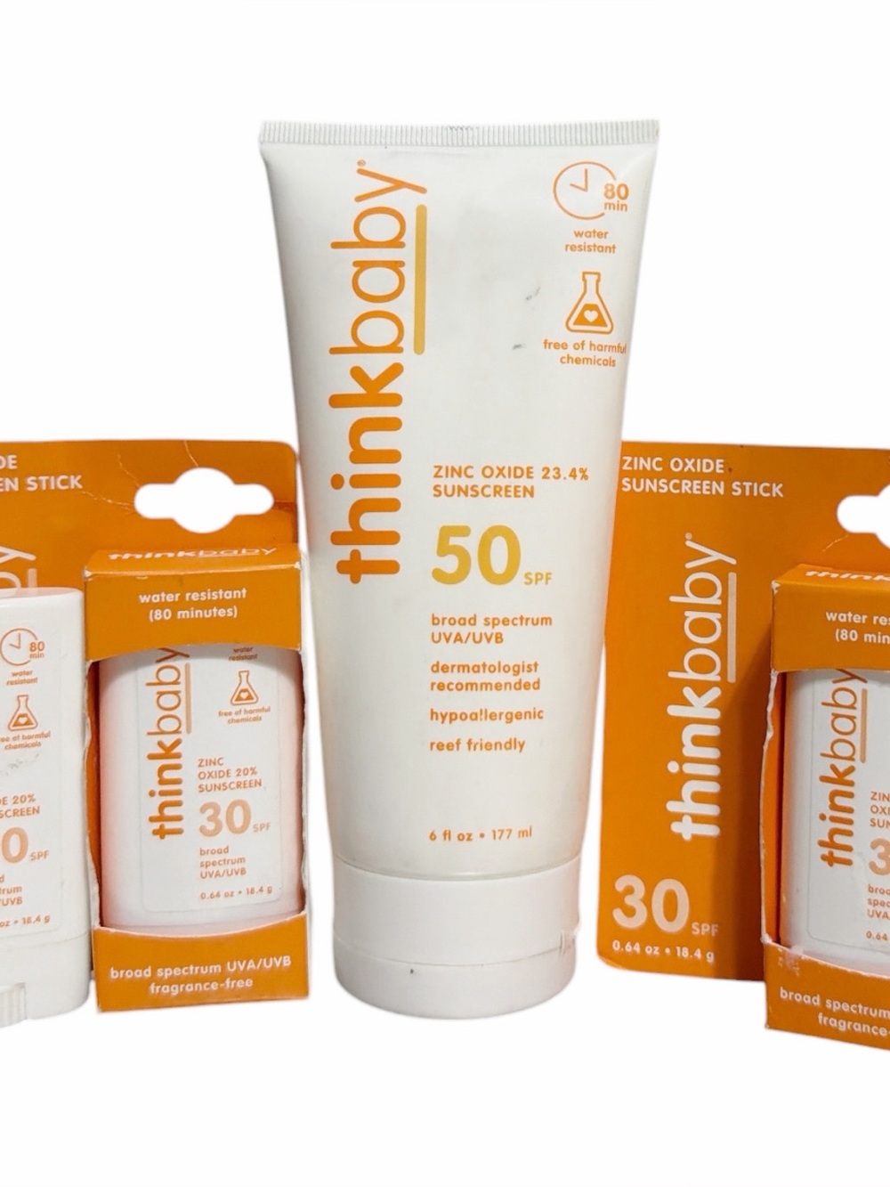 THINKBABY Mineral Sunscreen SPF 50 / 30 ~ 6oz Lotion and 3 x Stick Set ~ Read
